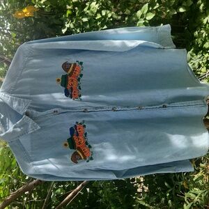 Halloween, Fall, Autumn, Embroidered Denim Shirt with Pumpkin Design